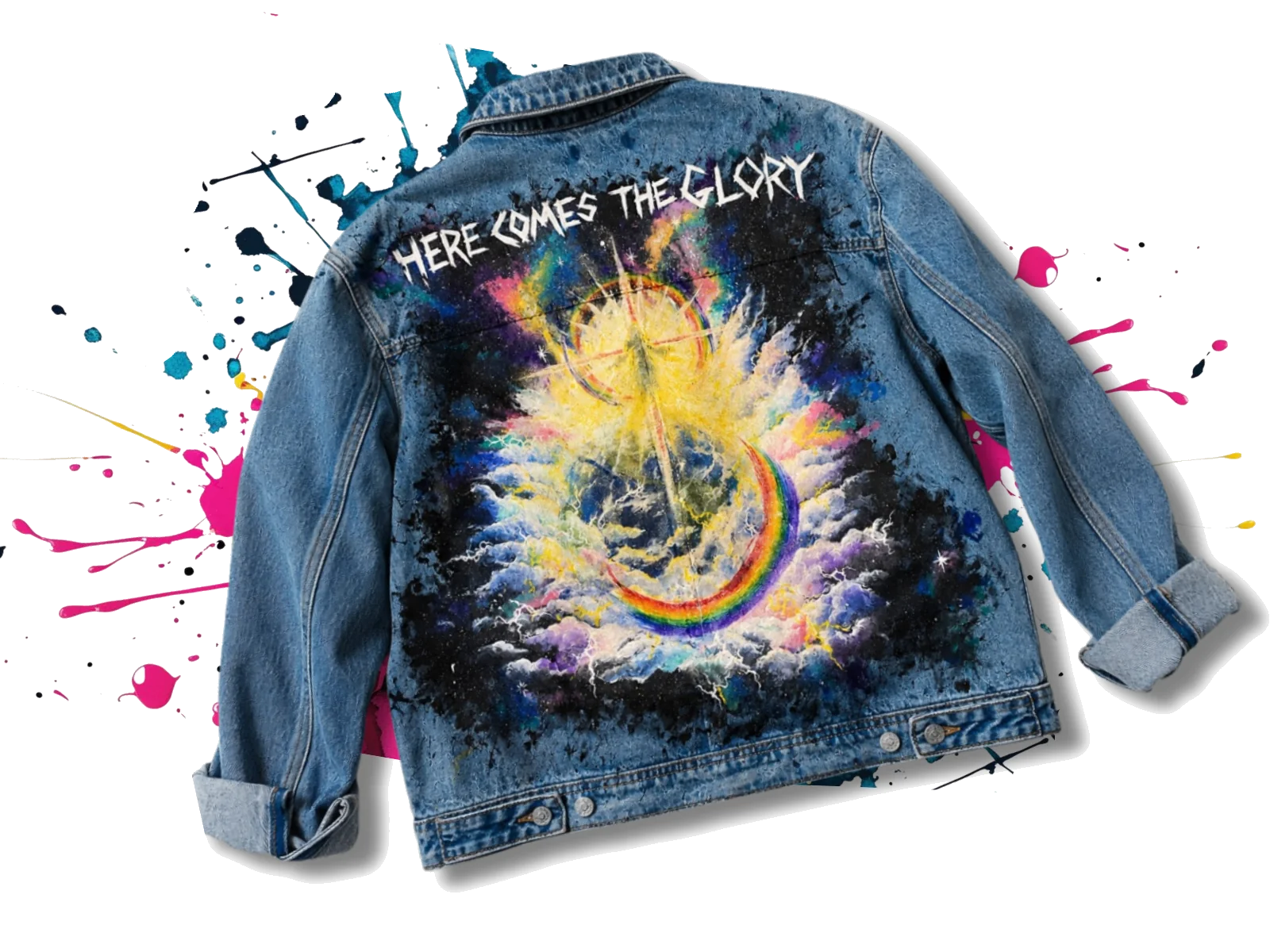 Hand-painted denim jacket reading 'Here Comes the Glory', surrounded by paint splatters